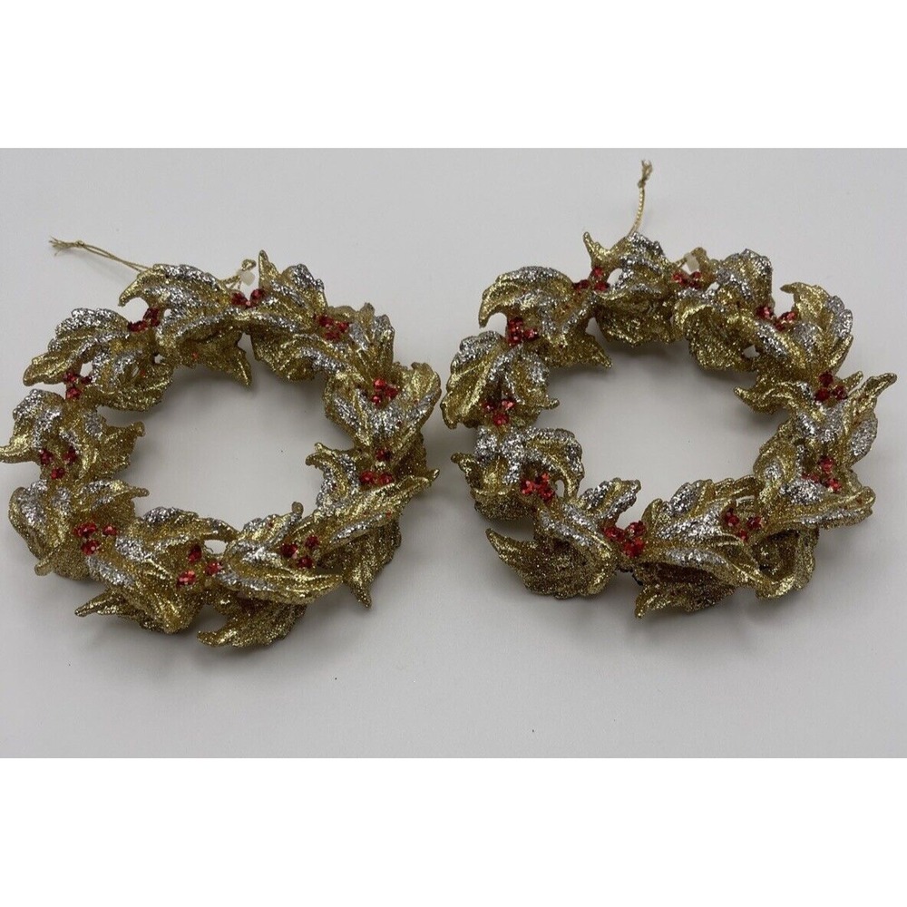 Two (2) Sparkly Gold Glitter Red Jewel Holly Christmas Ornaments Winter Decor 5"